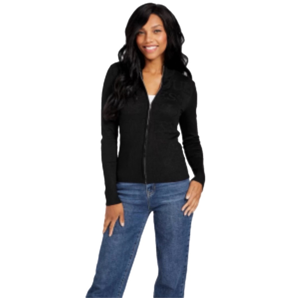 GUESS Black Shimmer Logo Sweater Cardigan Women’s XL.